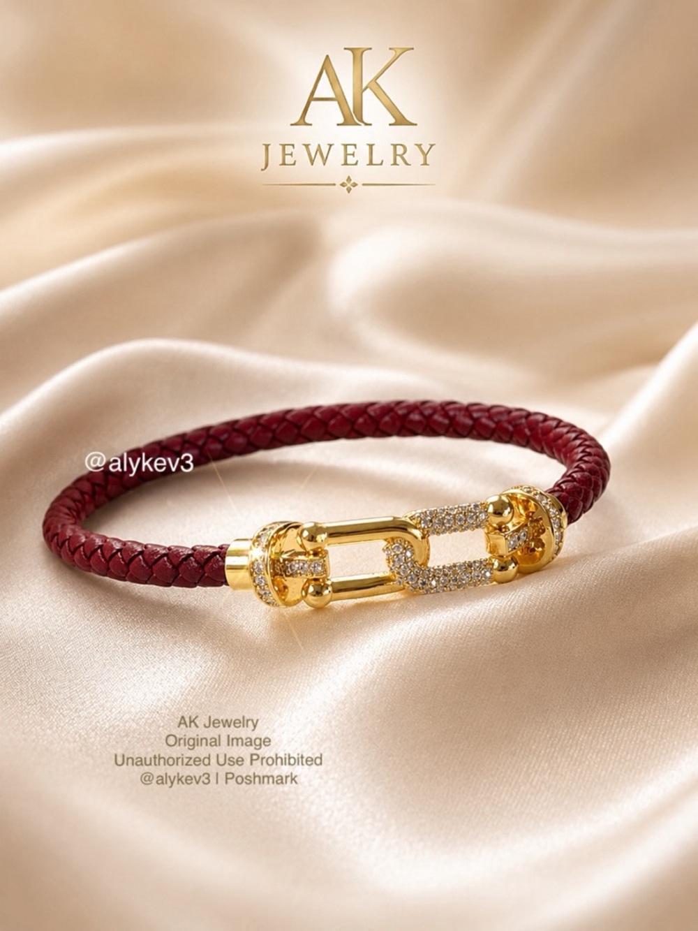 💎LUXURY Elegant Burgundy Leather Bracelet – Gold & Pavé Crystal Link Design